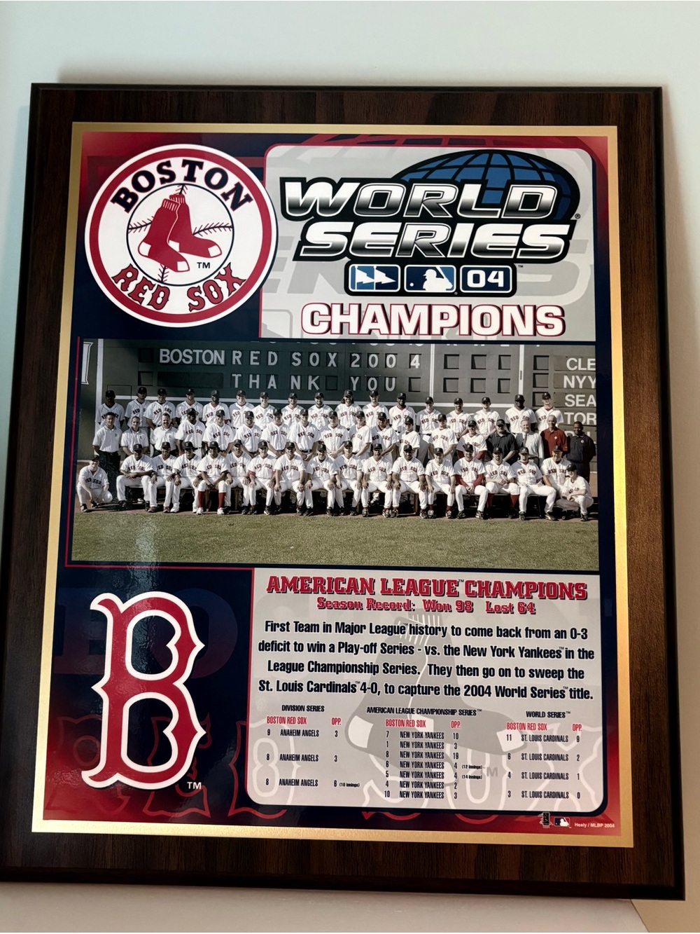 Boston Red Sox 2004 World Series Champions Plaque - Team picture Boston B logo